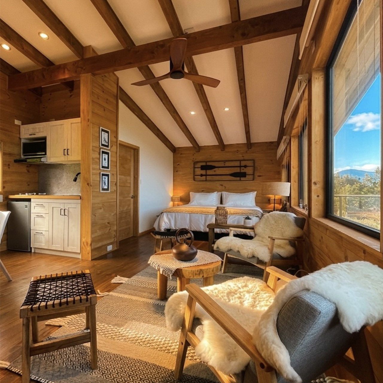 Interior de la suite con grandes ventanales hacia el paisaje