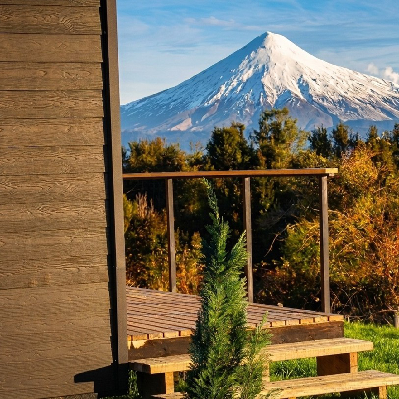 Cono nevado del volcán Osorno visto desde la terraza de una suite